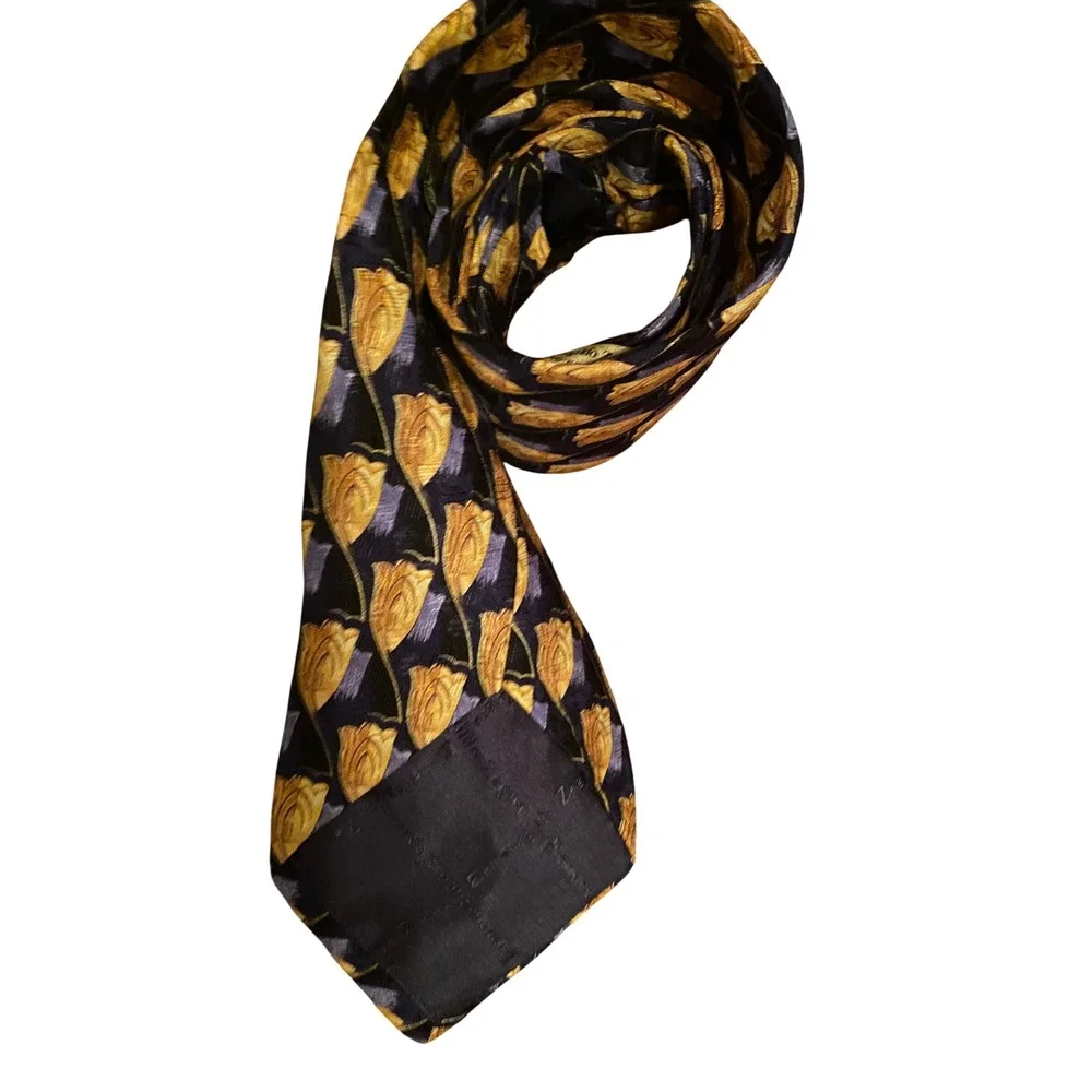 Ermenegildo‎ Zegna Mens Silk Tie Navy Blue Gold Floral Tulip Made in Italy 2405